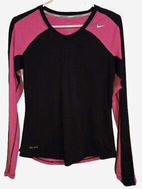 NIKE DRI-FIT Women's S Activewear Long Sleeve V-Neck Pullover Hot Pink and Black